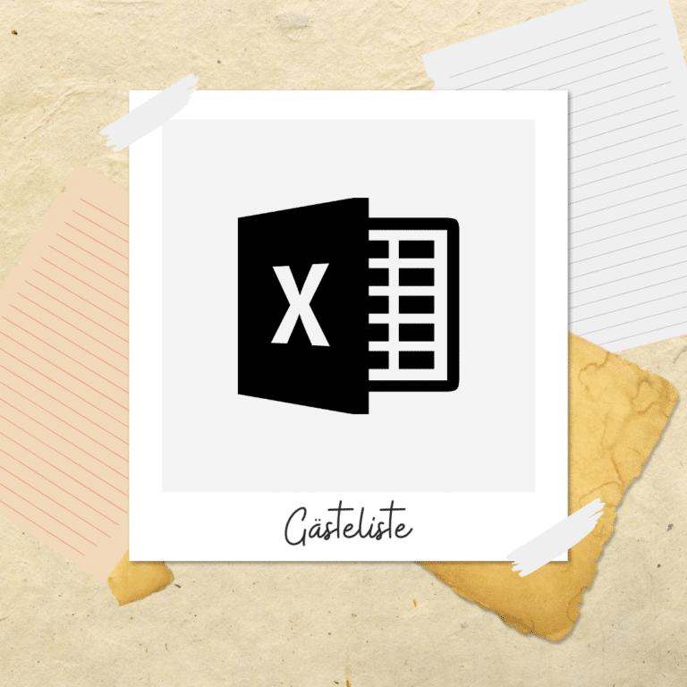 Eine Abbildung eines Microsoft Excel-Logos in einem Bilderrahmen mit der Aufschrift „Gästeliste“, umgeben von drei Blättern Papier auf einem strukturierten beigen Hintergrund, dient als wichtiges Hilfsmittel für die Hochzeitsplanung und stellt sicher, dass bei Ihrer Hochzeit jedes Detail perfekt ist.