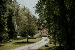 Ein malerischer Kiesweg schlängelt sich durch üppiges Grün und führt zu einem charmanten, rustikalen Haus, das teilweise von hohen Bäumen und Büschen verdeckt wird. Perfekt für eine verträumte Hochzeit, das Sonnenlicht fällt durch die Blätter und erzeugt gesprenkelte Schatten auf dem Boden, wodurch eine zauberhafte Szene für Ihren besonderen Tag entsteht.
