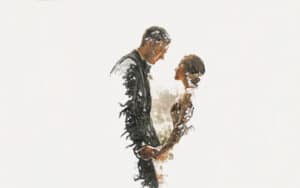 Ein Bild im Aquarellstil eines Paares, das sich an den Händen hält und einander gegenübersteht und die Freude über seine Hochzeit einfängt. Der Mann trägt einen Anzug und die Frau ein Hochzeitskleid. Beide lächeln strahlend vor einem weißen Hintergrund und verkörpern die Essenz von Liebe und Heiraten.