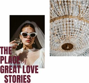 Eine stilvolle Braut mit weißer Sonnenbrille hält ein Glas, trägt einen Schleier und ein gepunktetes Kleid neben einem funkelnden Kristalllüster des St. Peter Stiftskulinariums. Der fettgedruckte Text lautet: "Der Ort der großen Liebesgeschichten.