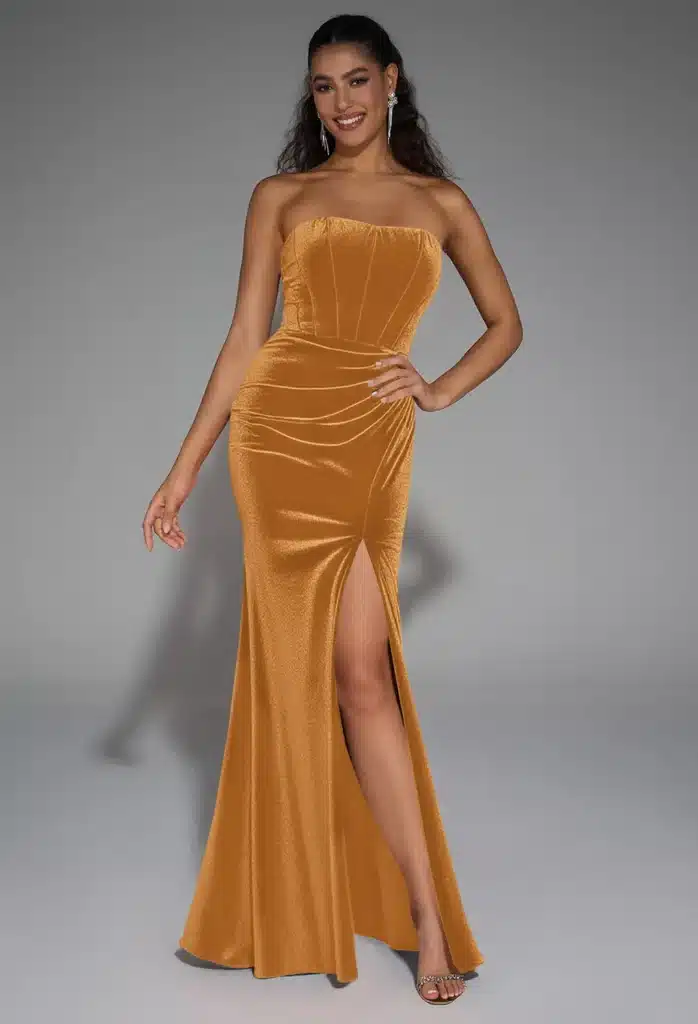 Eine Frau posiert in einem trägerlosen, taillierten goldenen Abendkleid mit oberschenkelhohem Schlitz und dezentem Glanz - ein eleganter Look für formelle Anlässe oder als eines von vielen umwerfenden Brautjungfernkleidern - mit Ohrringen vor einem schlichten grauen Hintergrund.