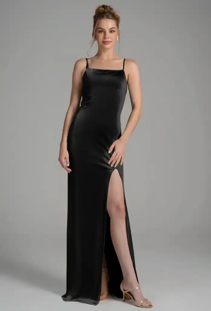 Eine Frau, die ein elegantes, schwarzes, bodenlanges Satinkleid mit dünnen Trägern und einem hohen Schlitz an einer Seite trägt, das an ein elegantes Brautjungfernkleid erinnert, gepaart mit nackten, hochhackigen Sandalen, steht vor einem schlichten grauen Hintergrund.