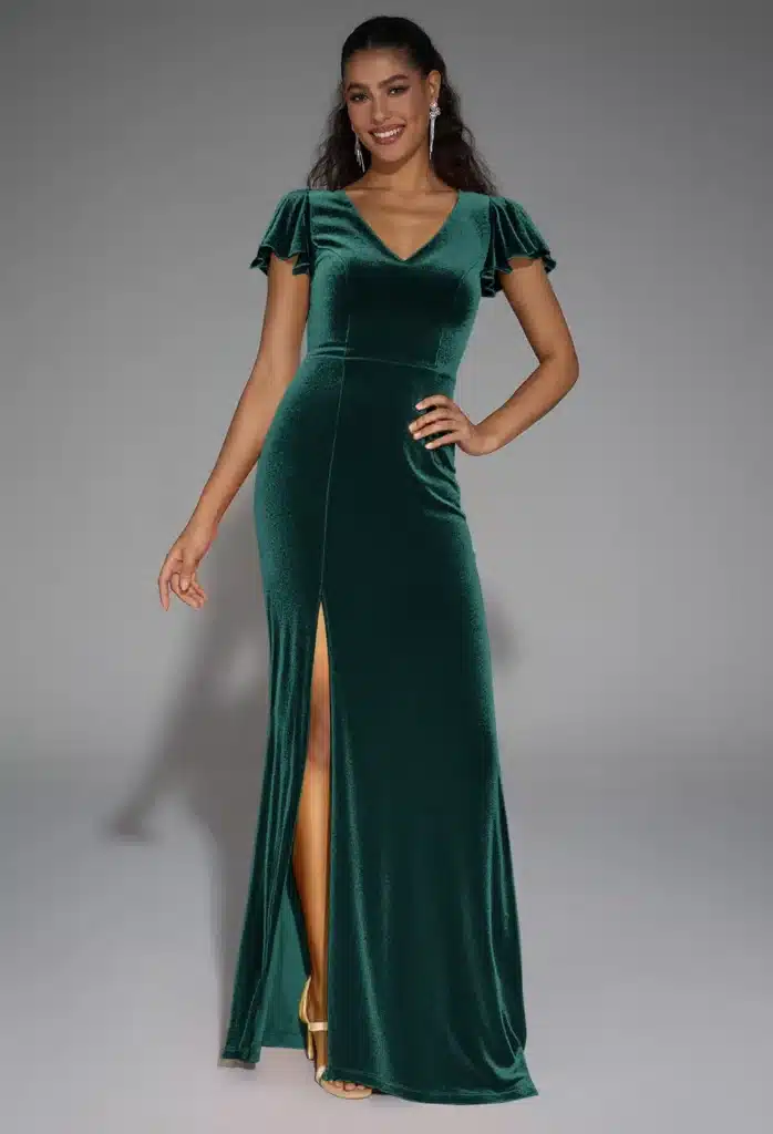 Eine Frau trägt ein dunkelgrünes Samtkleid mit Flatterärmeln, einem V-Ausschnitt und einem hohen Schlitz - eine elegante Wahl für Brautjungfernkleider. Sie steht lächelnd mit einer Hand in der Hüfte vor einem schlichten grauen Hintergrund.