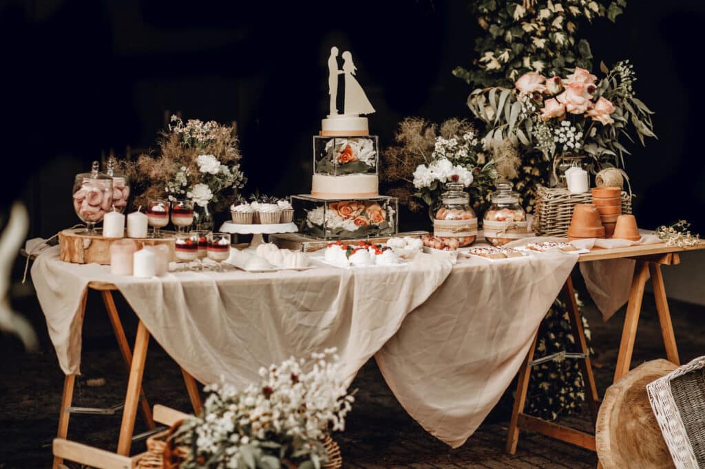 Ein dekorierter Hochzeitsdesserttisch zeigt eine weiße Hochzeitstorte mit der Silhouette des Brautpaares, umgeben von Blumen, Kerzen, Gläsern mit Süßigkeiten, Cupcakes und anderen Leckereien - alles in einem rustikalen, eleganten Stil.