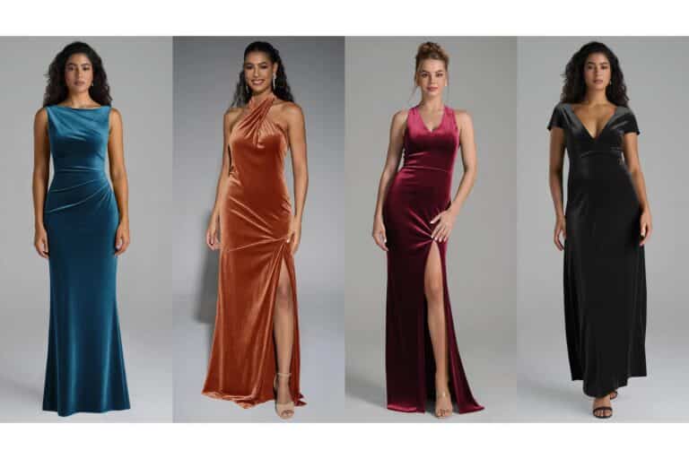 Vier Frauen stehen nebeneinander und tragen jeweils ein anderes bodenlanges Brautjungfernkleid aus Samt in den Farben Türkis, Kupfer, Burgunder und Schwarz. Die Kleider weisen einzigartige Ausschnitte und hohe Schlitze auf, während sie vor einem grauen Hintergrund posieren.
