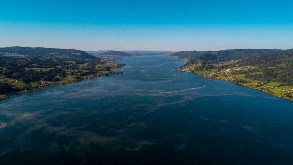 Ein breiter, ruhiger Fjord erstreckt sich bis in die Ferne, flankiert von grünen Hügeln und Bergen unter einem strahlend blauen Himmel, und entlang der Küste sind kleine Ortschaften zu erkennen.