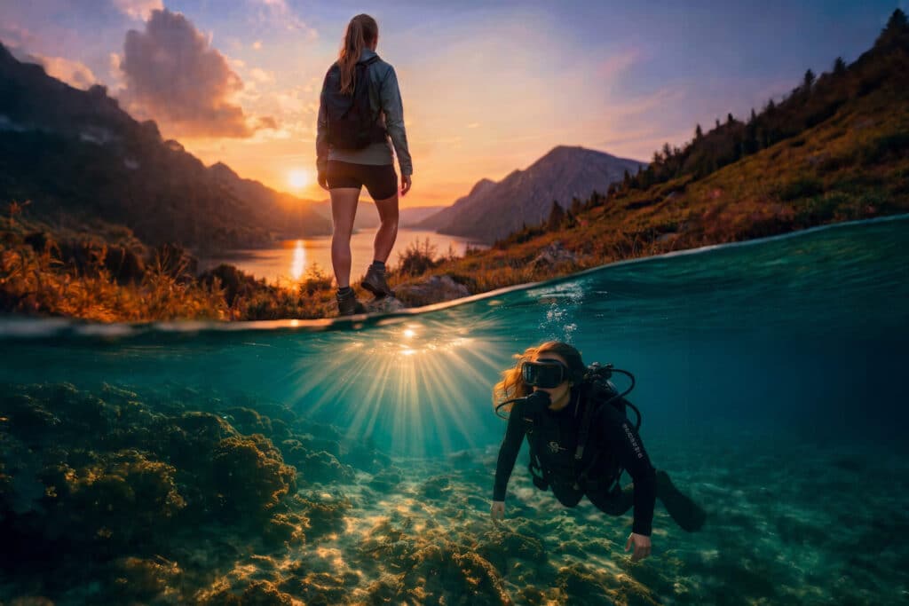 Ein Bild im Split-View-Format fängt unvergessliche Erlebnisse ein: Oben wandert eine Frau bei Sonnenuntergang in der Nähe eines Sees; unten erkundet ein Taucher farbenprächtige Korallen, während Sonnenstrahlen durch das klare blaue Wasser dringen und sich in der Ferne Berge erheben.