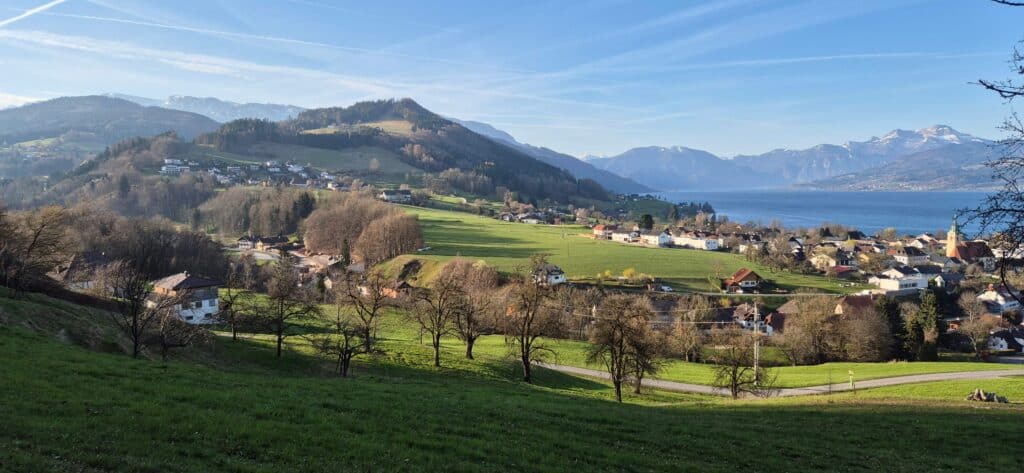 Eine malerische Landschaft mit grünen Feldern, vereinzelten Häusern und Bäumen vor dem Hintergrund sanfter Hügel und schneebedeckter Berge. Im Hintergrund ist unter einem strahlend blauen Himmel mit vereinzelten Wolkenstreifen ein See zu sehen.