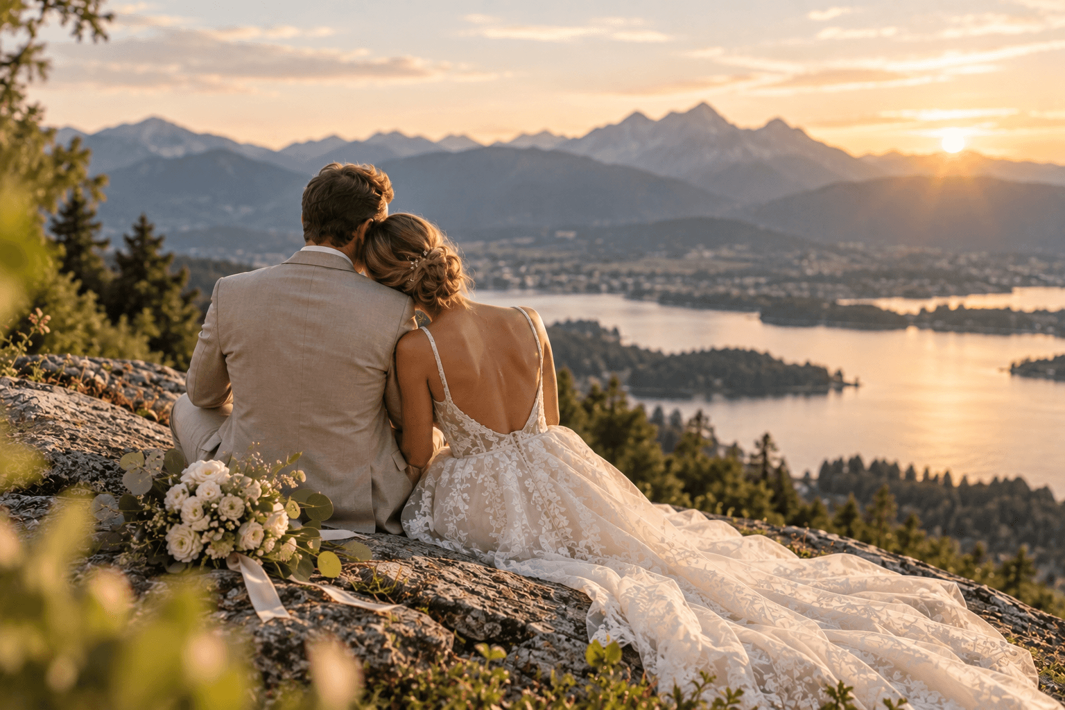 Ein Brautpaar sitzt auf einem felsigen Hang, umarmt sich und blickt bei Sonnenuntergang auf einen See und die Berge. Der Brautstrauß liegt neben ihnen, und ihr Kleid fällt über die Felsen.