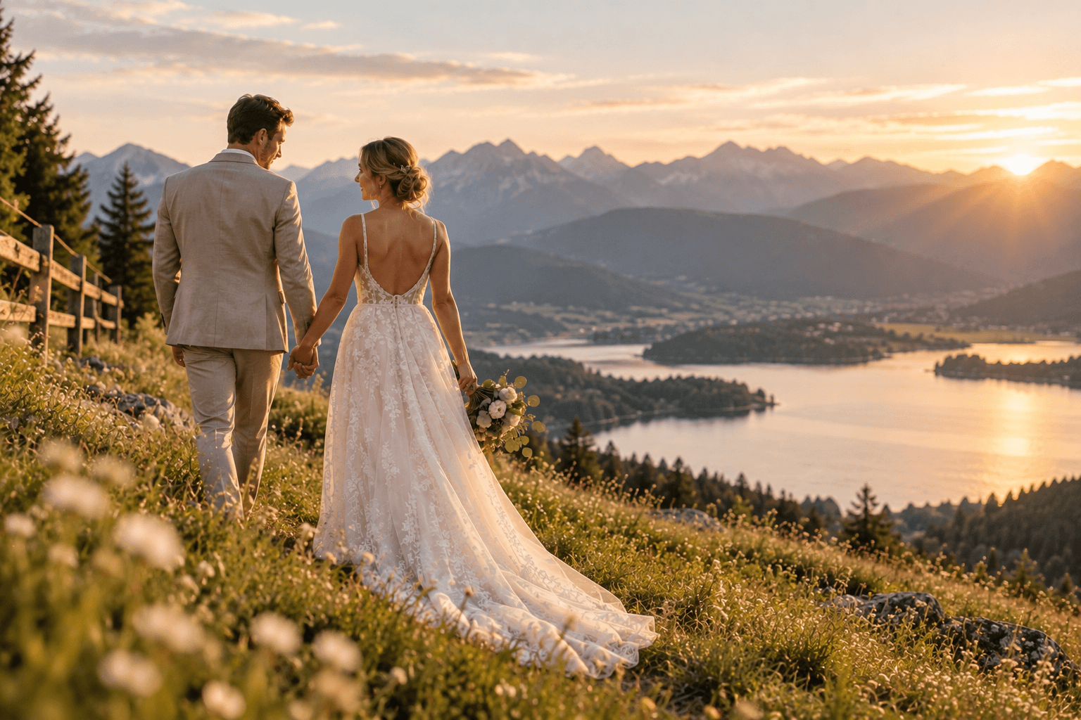 Ein Brautpaar spaziert Hand in Hand bei Sonnenuntergang auf einem grasbewachsenen Hügel und blickt auf einen malerischen See und die Berge. Die Braut trägt ein weißes Kleid und hält einen Blumenstrauß in der Hand.