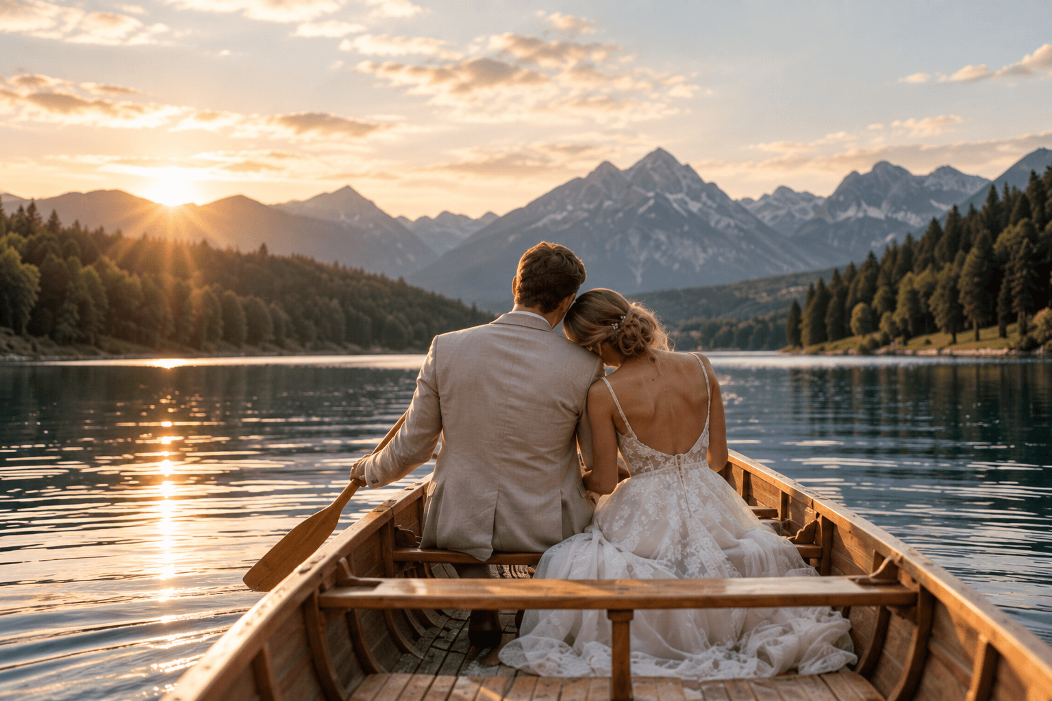 Ein Brautpaar sitzt bei Sonnenuntergang in einem Holzboot auf einem ruhigen See und umarmt sich, während es unter einem teilweise bewölkten Himmel auf die fernen Berge blickt.