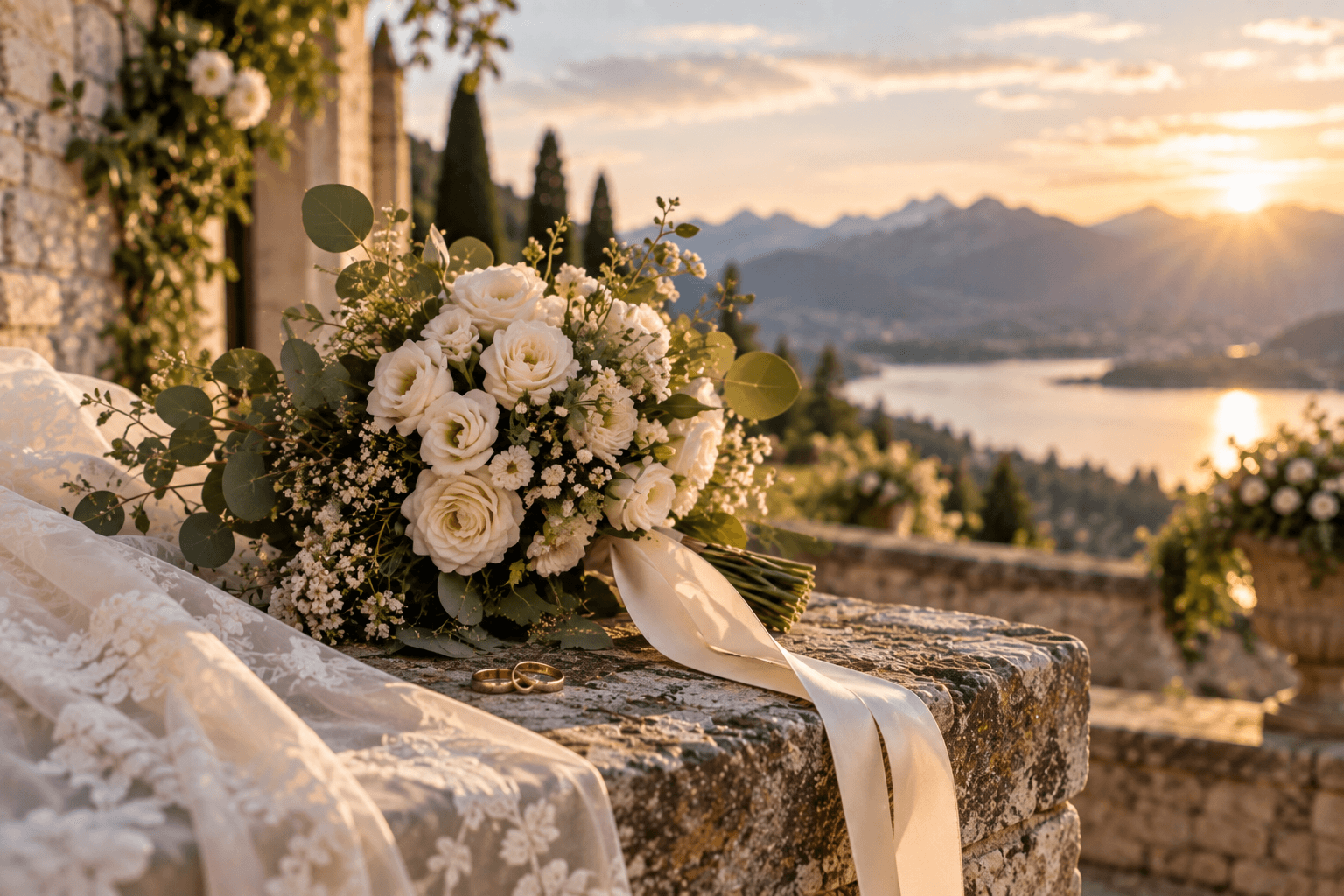 Ein Brautstrauß aus weißen Rosen und Grünpflanzen liegt auf einem Steinsims neben Spitzentuch und Eheringen und bietet bei Sonnenuntergang einen malerischen Blick auf den See und die Berge.