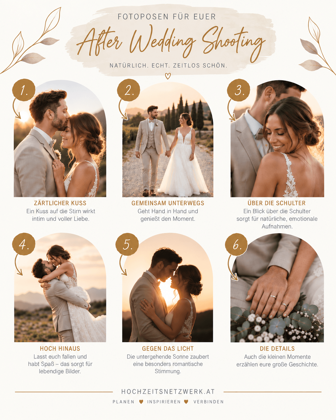 Collage aus sechs romantischen Hochzeitsfoto-Posen mit Paaren bei Sonnenuntergang, darunter Küsse, Spaziergänge, Umarmungen sowie Nahaufnahmen von Ringen und Händchenhalten. Jedes Bild zeigt Brautkleidung und eine warme, goldene Beleuchtung.