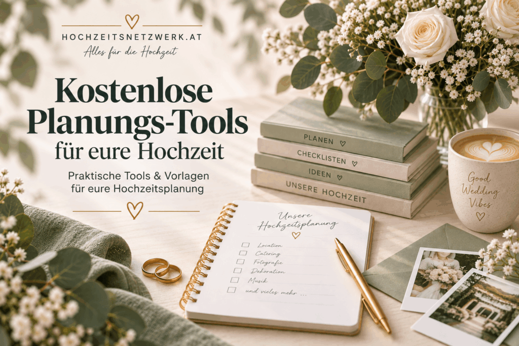 Eine Szene aus der Hochzeitsplanung mit Blumen, Notizbüchern, einem Stift, goldenen Ringen, Kaffee und einem Klemmbrett mit der Aufschrift „Unsere Hochzeitsplanung“. Der Text bietet kostenlose Tools und Vorlagen für die Hochzeitsplanung auf Deutsch an.