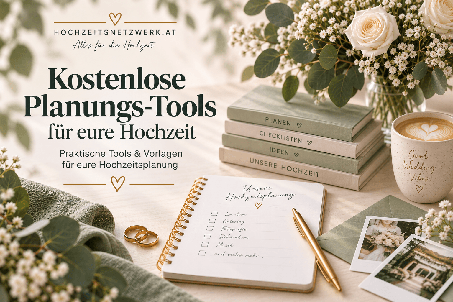 Eine Szene aus der Hochzeitsplanung mit Blumen, Notizbüchern, einem Stift, goldenen Ringen, Kaffee und einem Klemmbrett mit der Aufschrift „Unsere Hochzeitsplanung“. Der Text bietet kostenlose Tools und Vorlagen für die Hochzeitsplanung auf Deutsch an.