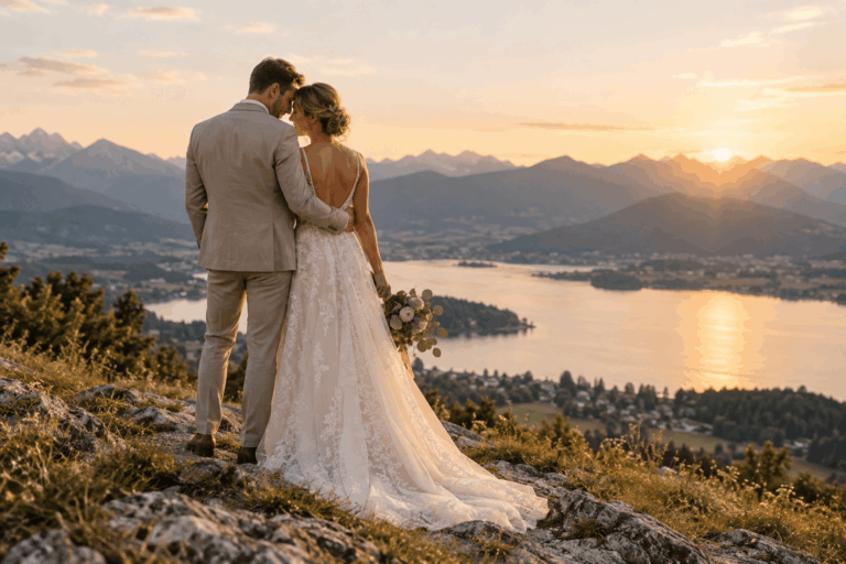 Braut und Bräutigam stehen bei Sonnenuntergang auf einem felsigen Hügel mit Blick auf einen See und die Berge, umarmen sich und genießen die malerische Aussicht – ein magischer Moment, eingefangen während ihres After-Wedding-Shootings, einem besonderen Fotoshooting nach der Hochzeit.