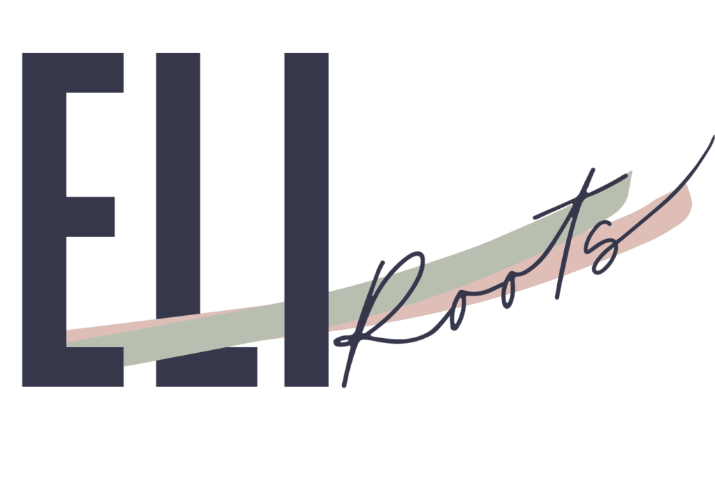 Logo mit dem Text „ELI Roots“ in fetten dunkelblauen Buchstaben, ideal für das Branding von Hochzeitsplanung. Eine Wellenlinie in Pink und Grün durchschneidet den Text und verleiht ihm einen Hauch von Eleganz, der perfekt zu Ihren Hochzeitsbedürfnissen passt.