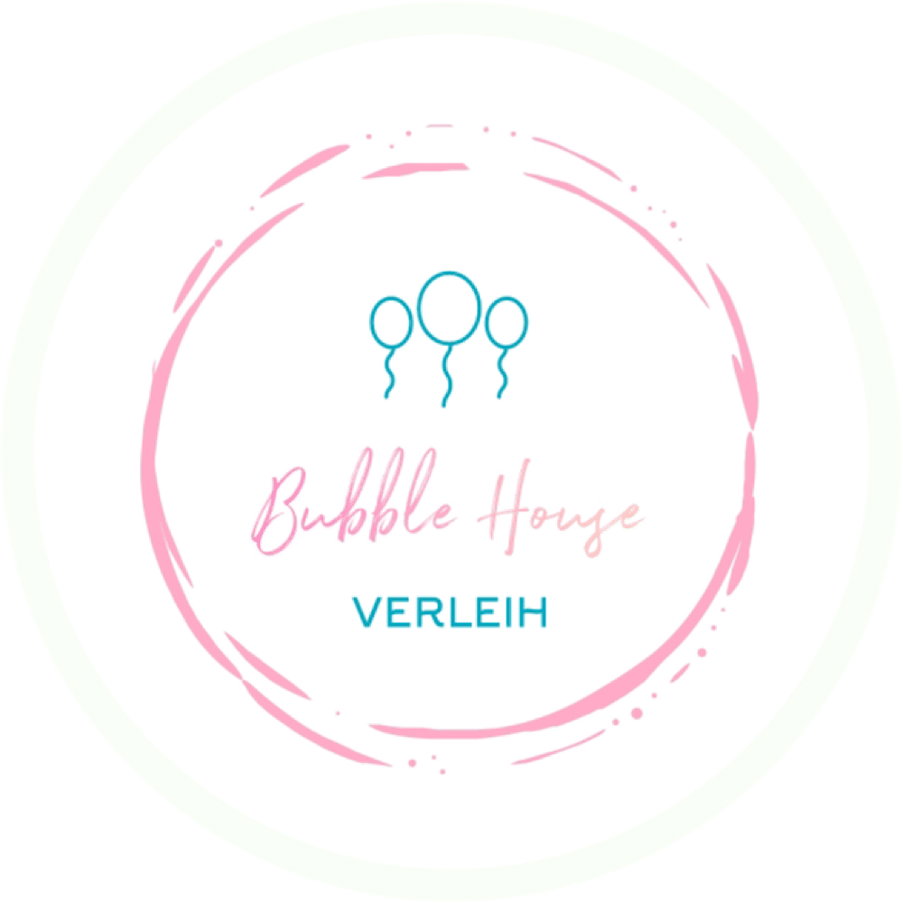 Ein rundes Logo mit einem rosa Kreis zeigt oben drei blaue Luftballons. Der Text „Bubble House“ in rosa Schreibschrift spielt auf die skurrile Natur von Hochzeitsplanung an, während „VERLEIH“ in blauen Großbuchstaben darunter auf ihre Expertise hinweist.