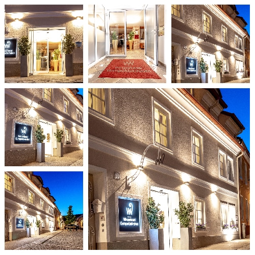 Collage einer hell erleuchteten Hotelfassade bei Nacht, mit verschiedenen Winkeln des Eingangs und einem Schild mit dem Hotellogo. Das klassische Design des Gebäudes und die dekorative Beleuchtung schaffen eine einladende Atmosphäre, perfekt für alle, die ihre Traumhochzeit planen oder stilvoll heiraten möchten.