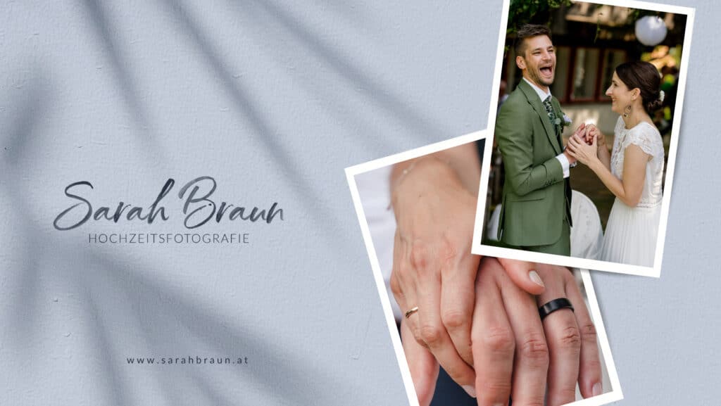 Eine Anzeige für Hochzeitsfotografie zeigt ein lachendes Paar bei seiner Hochzeit, mit einer Nahaufnahme ihrer mit Ringen geschmückten Hände. Der Text lautet „Sarah Braun Hochzeitsfotografie“, begleitet von einem Website-Link vor einem strukturierten hellgrauen Hintergrund.