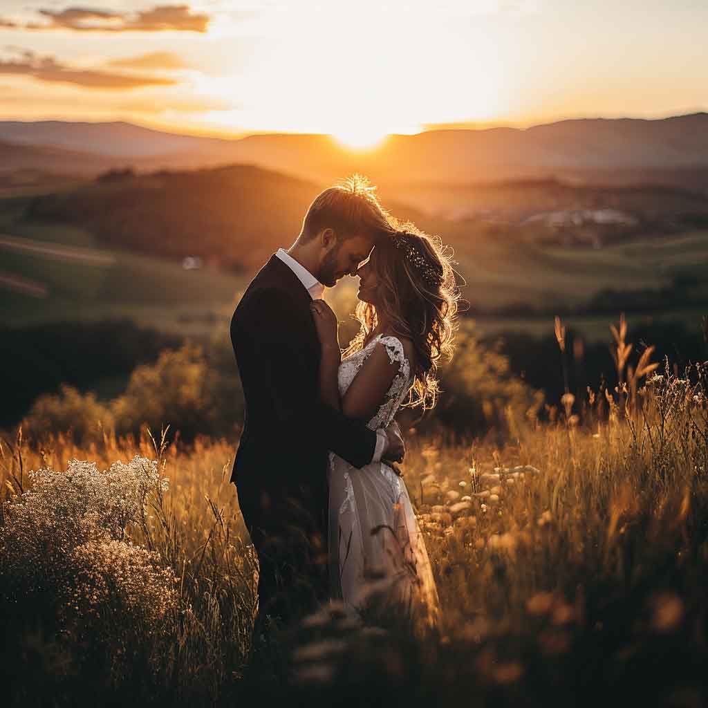 Ein Paar in formeller Kleidung steht bei Sonnenuntergang eng beieinander auf einem Feld und verkörpert die Essenz einer Hochzeit. Das goldene Licht erhellt das Gras und die Blumen um sie herum, mit Hügeln und einem leuchtenden Himmel im Hintergrund, was eine romantische Atmosphäre schafft, die perfekt zum Heiraten ist.