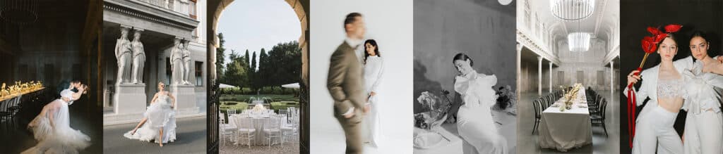Eine Collage mit eleganten Hochzeitsszenen: ein tanzendes Paar, ein Esszimmer im Garten neben Statuen, ein verschwommenes Paar, eine Braut, ein opulenter Saal für ein Essen und ein Paar Models in stilvoller, avantgardistischer Kleidung mit leuchtend roten Kopfbedeckungen.