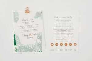 Zwei Hochzeitseinladungskarten mit elegantem Text und grünem Blattdesign. Die linke Karte gibt das Datum der Veranstaltung als 8. Oktober 2019 an, während die rechte Karte Einzelheiten zur Hochzeitsplanung enthält und unten orangefarbene Symbole enthält.