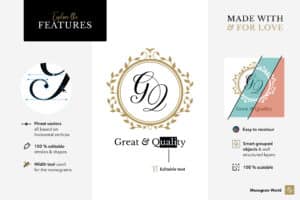Eine stilvolle Grafik mit einem Monogrammdesign mit den Buchstaben „GQ“ in einem verzierten Kreis, perfekt für Hochzeitseinladungen. Das Design bietet feinste Vektoren, 100 % editierbaren Text, skalierbare Grafiken, intelligent gruppierte Objekte und Strichflexibilität für personalisierte Monogramme.
