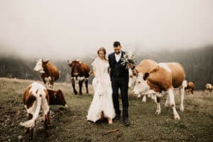 Ein Paar in formeller Hochzeitskleidung geht Hand in Hand durch ein nebliges Feld, umgeben von Kühen. Die Braut hält einen Blumenstrauß und die Szene strahlt eine heitere, ländliche Atmosphäre aus, perfekt für eine unvergessliche Hochzeit.