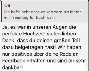 Ein deutscher Dankesgruß für die wertvolle Unterstützung bei unserer perfekten Hochzeit. Ihre bedeutende Rolle wurde sehr geschätzt, und Ihr Beitrag zur Hochzeitsplanung, insbesondere die Rede, erhielt viel positives Feedback.