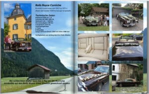 Eine Collage mit verschiedenen Fotos eines Rolls Royce Corniche, perfekt für eine Hochzeit. Das Bild oben links zeigt das Auto vor einem gelben Gebäude geparkt. Andere Bilder zeigen das Auto in unterschiedlichen Umgebungen und heben seine Merkmale und Details hervor, während deutscher Text sie elegant begleitet.