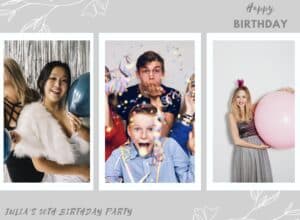 Eine Collage aus drei Bildern für Julias 30. Geburtstagsparty: eine Frau in einer weißen Pelzstola mit Luftballons, zwei Männer mit Konfetti und überraschten Gesichtern und eine Frau mit einer Krone, die einen großen rosa Luftballon hält. Der dekorative Text lautet „Happy Birthday“. Ideen als Inspiration für Ihre nächste Hochzeit oder Ihren nächsten festlichen Anlass!