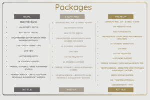 Entdecken Sie unsere Vergleichstabelle für Hochzeitspakete: Basic, Standard und Premium. Jedes Paket bietet Funktionen wie unbegrenzte Fotos, Live-Ansicht und Fotodruck. Perfekt für Ihre Hochzeitsplanung, die Preise liegen bei 360 EUR für Basic, 560 EUR für Standard und 820 EUR für Premium.