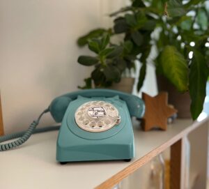 Ein blaues Vintage-Telefon mit Wählscheibe steht auf einem Regal neben grünen Blattpflanzen und einem hölzernen sternförmigen Ornament und ergibt eine charmante Vignette für die Hochzeitsplanung. Die Wählscheibe des Telefons, die mit der Abbildung eines klassischen Autos verziert ist, weckt vor dem sanft verschwommenen Hintergrund nostalgische Romantik.