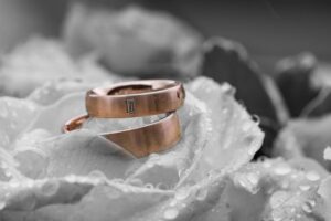 Zwei goldene Eheringe ruhen auf einer zarten weißen Rose, die mit Regentropfen geschmückt ist und die Essenz einer perfekten Hochzeit verkörpert. Die Ringe liegen übereinander und der weiche Fokus des Bildes schafft eine romantische und elegante Atmosphäre, ideal für diejenigen, die gerade mitten in der Hochzeitsplanung stecken.