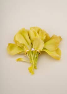 Ein schlichter Verlobungsring mit einem quadratischen Diamanten in einem Goldband ist anmutig auf gelben Blumen vor einem hellen Hintergrund platziert – ein elegantes Symbol für diejenigen, die sich auf die Reise zur Hochzeit begeben.