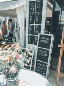 Im Vordergrund steht ein Tisch mit einem Strauß Wildblumen, perfekt für eine romantische Hochzeit. Im Hintergrund sind Tafeln mit Namen und Daten zu sehen und zwei Personen diskutieren am Fenster über Heiraten. Weiße Vorhänge rahmen die Szene elegant ein.