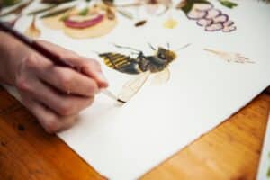 Eine Person malt sorgfältig ein detailliertes Aquarell einer Biene und Blumen, möglicherweise inspiriert von Hochzeitsthemen. Die Hand schwingt einen braunen Pinsel und fügt den Flügeln der Biene inmitten zarter Blüten feine Details hinzu. Dieser kreative Prozess entspricht der sorgfältigen Kunstfertigkeit, die bei der Hochzeitsplanung zum Einsatz kommt.