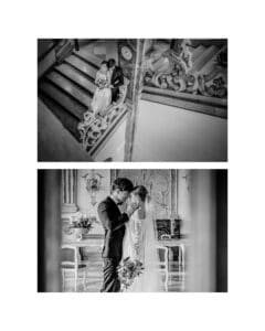Zwei Schwarzweißfotos zeigen die Hochzeit eines Paares: eines der beiden sitzt auf einer verzierten Treppe, ein anderes umarmt sich in einem eleganten Raum. Die Braut, die einen Schleier trägt und einen Blumenstrauß hält, und der Bräutigam im Anzug blicken sich liebevoll an und verkörpern so auf wunderschöne Weise ihre Hochzeitsreise.