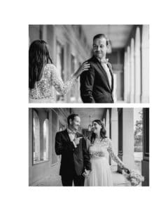 Eine schwarzweiße Fotocollage zeigt ein verliebtes Paar in formeller Kleidung während seiner Hochzeit. Im oberen Bild berührt die Frau sanft die Schulter des Mannes, als er sich umdreht, um sie anzusehen. Unten halten sie sich in einem Korridor mit Bögen an den Händen und lächeln sich an, was die Freude des Heiratens einfängt.