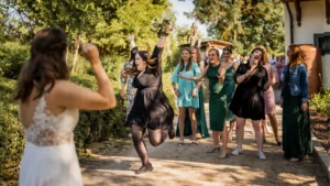 Eine Braut, die bereit ist, ihren Brautstrauß zu werfen, steht an einem sonnigen Tag umgeben von einer Gruppe aufgeregter Frauen. Eine Frau hüpft vor Freude und ist begierig darauf, den Brautstrauß zu fangen. Inmitten dieser lebhaften Hochzeitsszene bilden Bäume und ein Weg einen malerischen Hintergrund.