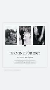 Eine Hochzeitseinladung mit drei Schwarzweißfotos: ein historisches Gebäude, ein Paar im Hochzeitskleid und eine Nahaufnahme gefalteter Hände. Perfekt für alle, die ihre Hochzeit planen. Der Text lautet „Termine für 2025 ab sofort verfügbar“ mit einem Website-Link www.dielicht-greisslerei.com.