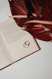 Ein offenes Buch mit zwei Ringen auf einer Seite, teilweise bedeckt mit kastanienbraunen Anthurienblüten, erinnert an die Essenz des Heiratens. Das Bild hat eine sanfte, romantische Ausstrahlung und fängt den Geist der Hochzeitsplanung perfekt ein.