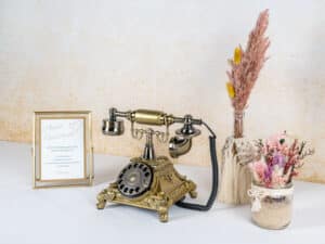 Ein Vintage-Telefon mit Wählscheibe ziert den Tisch neben einem gerahmten Schild und weist die Gäste in die Verwendung eines Audio-Gästebuchs ein – eine elegante Note für jede Hochzeit. Ein dekoratives Gefäß voller getrockneter Blumen in Rosa-, Lila- und Gelbtönen vervollständigt die bezaubernde Hochzeitsplanung vor einem hellen Hintergrund.
