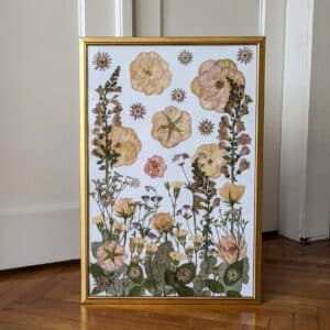 Gerahmtes botanisches Kunstwerk mit verschiedenen gepressten Blumen und Blättern, die eine Mischung aus gelben, rosa und grünen Farbtönen zeigen, die in einem symmetrischen Muster vor einem hellen Hintergrund angeordnet sind. Der Rahmen ist goldfarben.