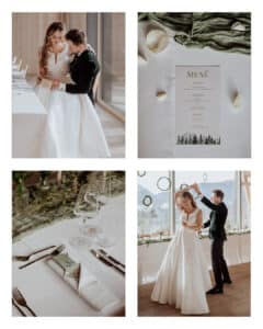 Vier Bilder zum Thema Hochzeit: Ein Paar im Hochzeitskleid teilt einen zärtlichen Augenblick; eine Menükarte auf einem Tisch mit Blütenblättern; eine elegante Tischdekoration mit Menükarte und Serviette; das Paar tanzt neben großen Fenstern mit malerischer Aussicht.