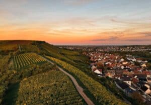 Luftaufnahme eines Dorfes bei Sonnenuntergang, mit Reihen von Weinbergen auf sanften grünen Hügeln auf der linken Seite und Gruppen von Häusern mit roten Dächern auf der rechten Seite unter einem orangefarbenen und rosa Himmel.