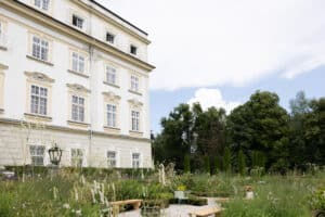 Ein großes, elegantes, cremefarbenes Gebäude mit vielen Fenstern steht neben einem grünen Garten mit Bänken, Blumen und hohem Gras, unter einem teilweise bewölkten Himmel.