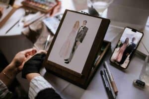 Eine Person malt ein Aquarellporträt eines formell gekleideten Paares und bezieht sich dabei auf ein Foto, das auf einem in der Nähe aufgestellten Smartphone angezeigt wird. Auf dem Tisch sind Malutensilien und ein Getränk zu sehen.